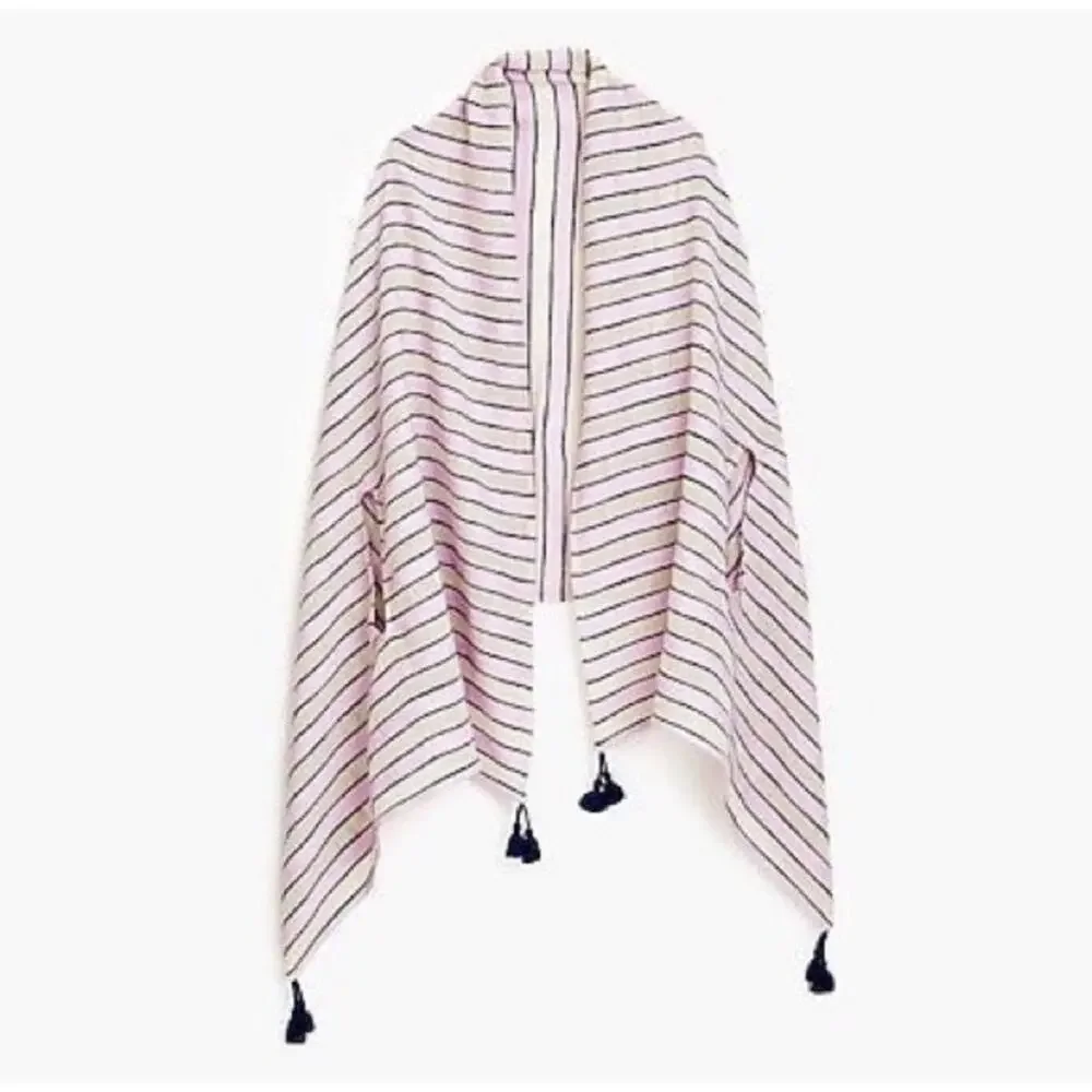 J.Crew Pink Striped Tassel Cotton Blend Cape‎ Wrap Scarf Swim Coverup One Size